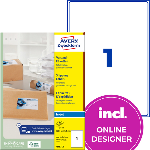 Etykieta wysyłkowa InkJet Avery Zweckform J8167 - 25, 199,6 x 289,1mm biała, 25
