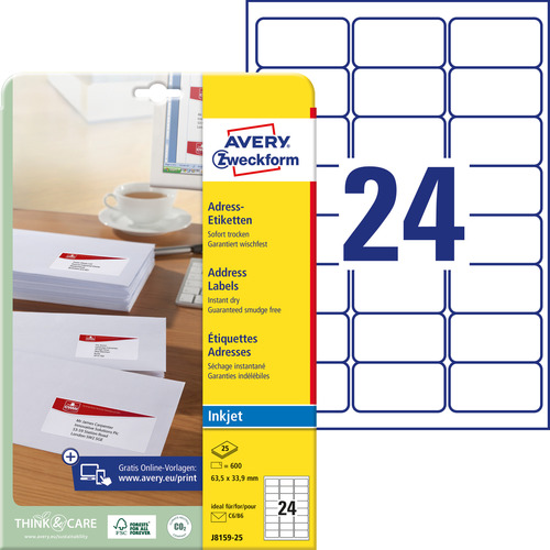 Etykieta adresowa InkJet Avery Zweckform J8159 - 25 63,5 x 33,9mm biała