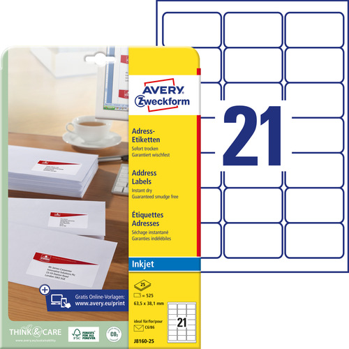 Etykieta adresowa InkJet Avery Zweckform J8160 - 25, 63,5 x 38,1mm biała
