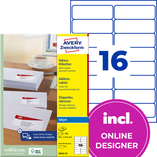Etykieta adresowa InkJet Avery Zweckform J8162 - 25 99,1 x 33,9mm biała