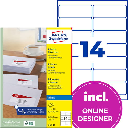 Etykieta adresowa InkJet Avery Zweckform J8163 - 25 99,1 x 38,1mm biała