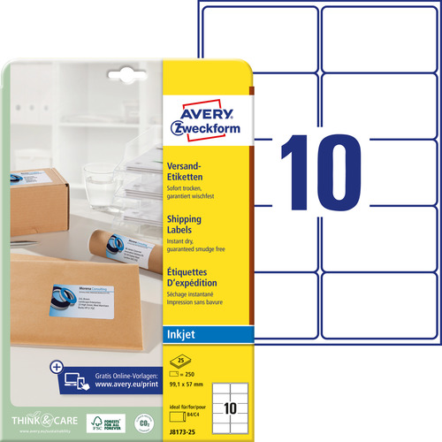 Etykieta wysyłkowa InkJet Avery Zweckform J8173 - 25 99,1 x 57mm biała 250 szt.