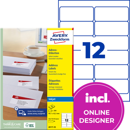 Etykieta adresowa InkJet Avery Zweckform J8177 - 25 99,1 x 42,3mm biała
