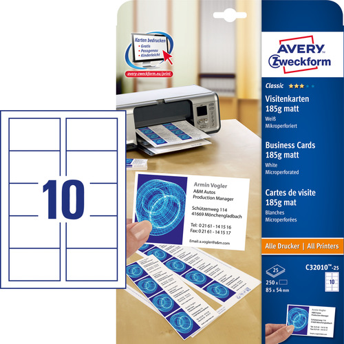 Avery Zweckform Wizytówki C32010-25 rozm.85x54 185g. ilość 250 szt.