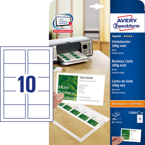 Avery Zweckform Wizytówki C32011-10 rozm.85x54 200g. ilość 100 szt.