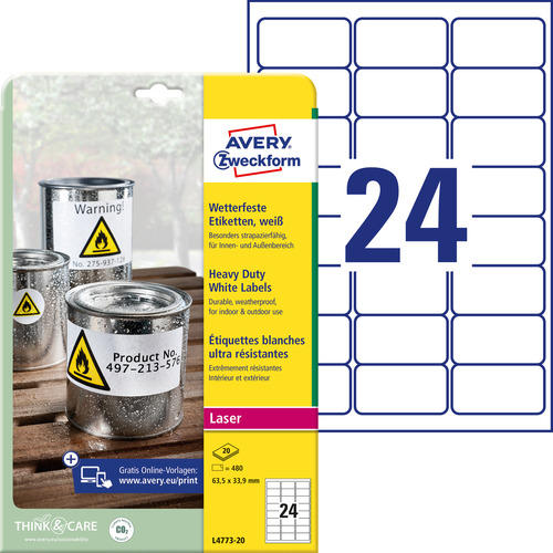 Etykiety poliestrowe wodoodporne Avery Zweckform L4773-20 białe 63,5x33,9mm