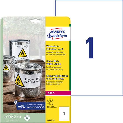 Etykiety poliestrowe wodoodporne Avery Zweckform L4775-20 białe 210x297mm