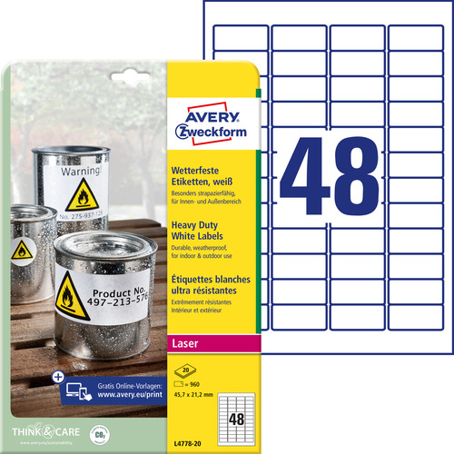 Etykiety poliestrowe wodoodporne Avery Zweckform L4778-20 białe 45,7 x 21,2mm