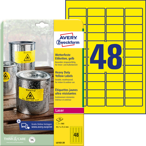 Etykiety poliestrowe wodoodporne Avery Zweckform L6103-20, żółte - 45,7 x 21,2mm