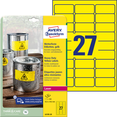 Etykiety poliestrowe wodoodporne Avery Zweckform L6105-20, żółte, 63,5 x 29,6mm