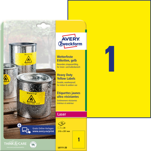 Etykiety poliestrowe wodoodporne Avery Zweckform L6111-20, żółte - 210 x 297mm