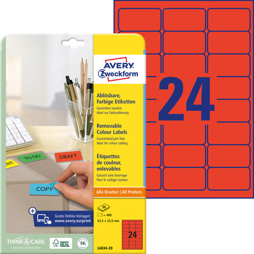 L6034-20 Etykieta kolorowa Avery Zweckform rozmiar 63,5 x 33,9 czerwone 480 szt.