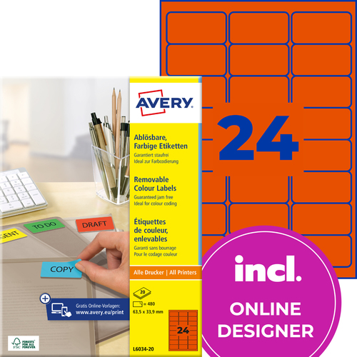 L6034-20 Etykieta kolorowa Avery Zweckform rozmiar 63,5 x 33,9 czerwone 480 szt.