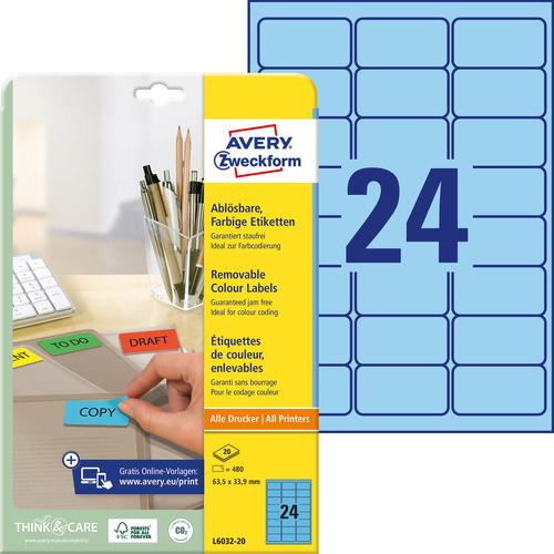 L6032-20 Etykieta kolorowa Avery Zweckform rozmiar 63,5 x 33,9 niebieska 480 szt