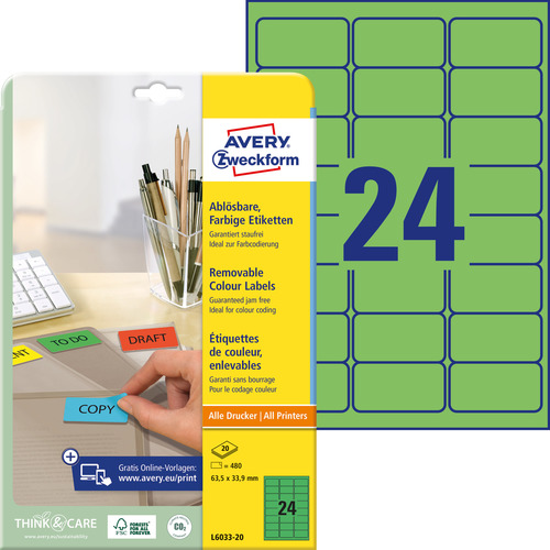 L6033-20 Etykieta kolorowa Avery Zweckform rozmiar 63,5 x 33,9 zielone 480 szt.