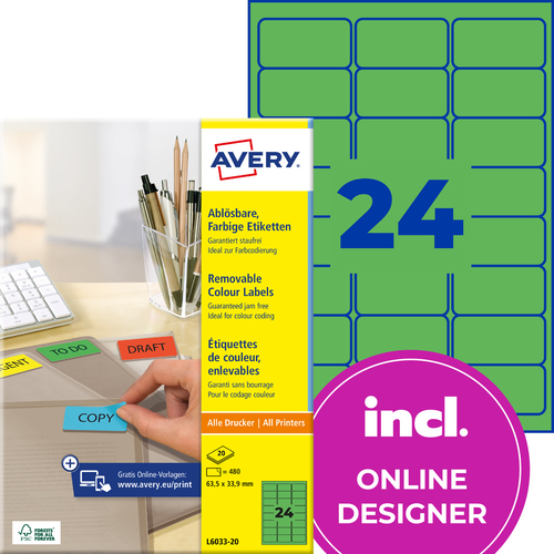 L6033-20 Etykieta kolorowa Avery Zweckform rozmiar 63,5 x 33,9 zielone 480 szt.