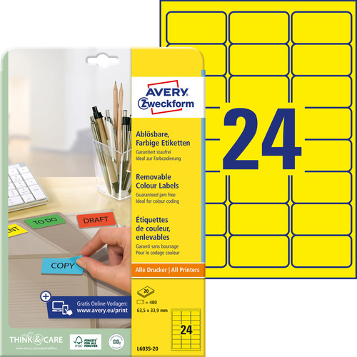L6035-20 Etykieta kolorowa Avery Zweckform rozmiar 63,5 x 33,9 żółte 480 szt.