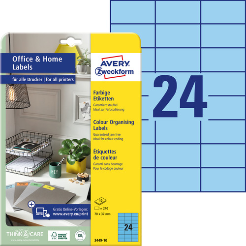 3449-10 Etykiety kolorowe Avery Zweckform rozmiar 70 x 37 niebieskie 240 etykiet