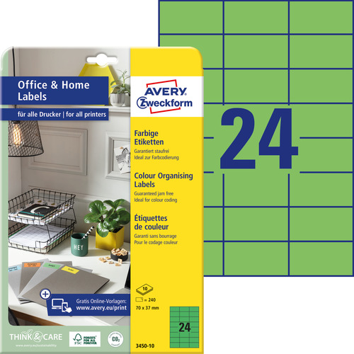 3450-10 Etykiety kolorowe Avery Zweckform rozmiar 70 x 37 zielone 240 etykiet