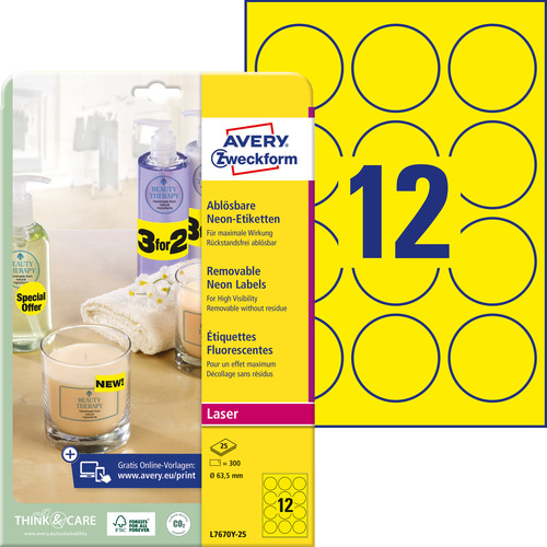 Etykieta neonowa Avery Zweckform L7670Y - 25 okrągłe żółte 63,5mm 300 kółek