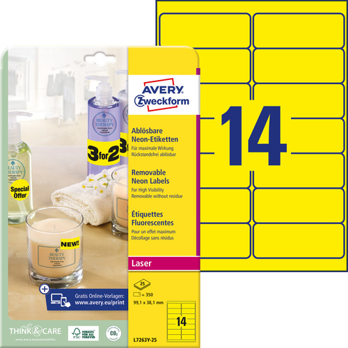 Etykieta neonowa Avery Zweckform L7263Y - 25 żółte 99,1 x 38,1mm 350 etykiet