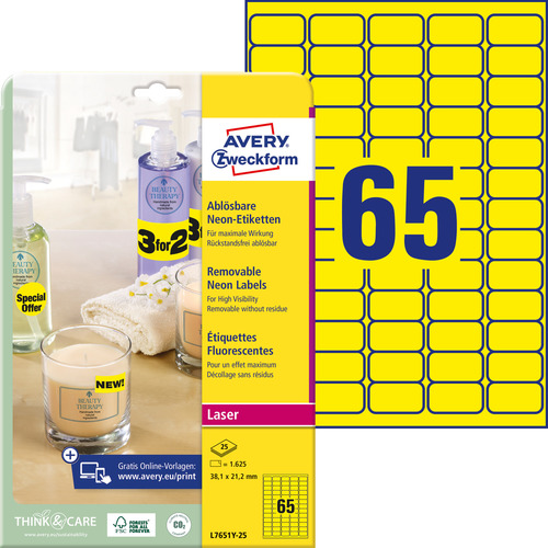 Etykieta neonowa Avery Zweckform L7651Y - 25 żółte 38,1 x 21,2mm 1625 etykiet
