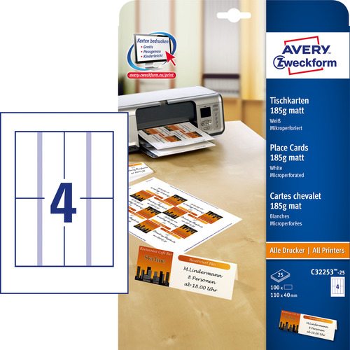 Avery Zweckform C32253-25 Wizytówki na stół 110x40mm 185g. matowe 100 szt.