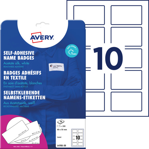 Samoprzylepne identyfikatory Avery Zweckform L4785-20, 80 x 50 mm, 200 szt.