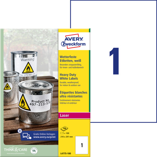 Etykiety poliestrowe wodoodporne Avery Zweckform L4775-100 białe 210x297mm