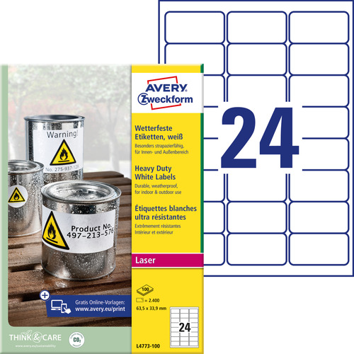 Etykiety foliowe poliestrowe wodoodporne Avery Zweckform L4773-100 białe 2400szt