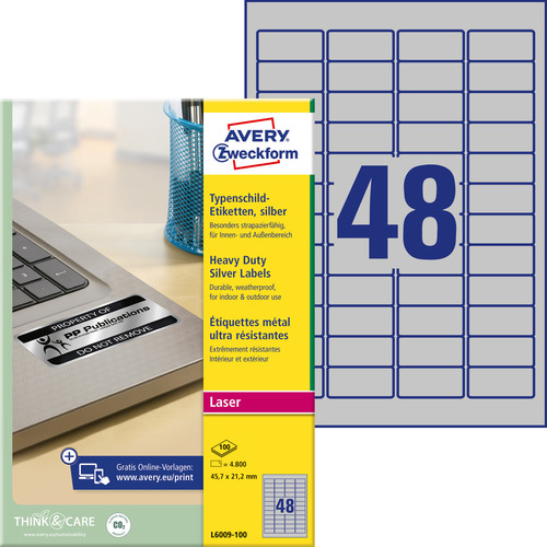 Etykiety znamionowe srebrne Avery Zweckform L6009-100 rozmiar 45,7 x 21,2 mm
