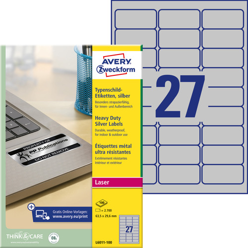Etykiety foliowe znamionowe srebrne Avery Zweckform L6011-100 roz. 63,5x29,6mm