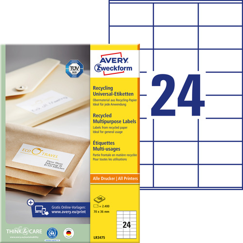 Etykiety uniwersalne recyklingowane Avery Zweckform LR3475 70 x 36mm 2400 szt.