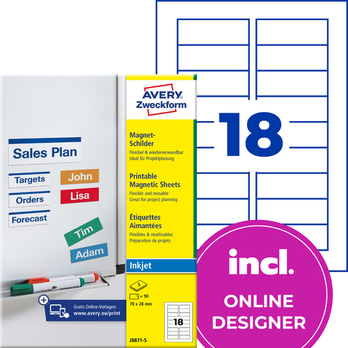 J8871-5 Etykiety magnetyczne InkJet Avery Zweckform, 78 x 28mm, 90 etykiet