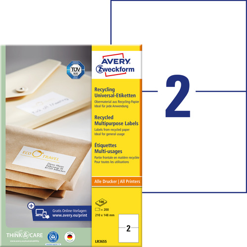 Etykiety uniwersalne recyklingowane Avery Zweckform LR3655, 210 x 148mm 200 szt.