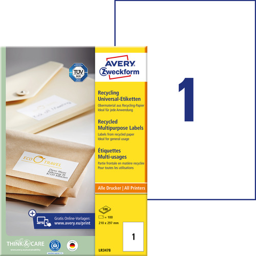 Etykiety uniwersalne recyklingowane Avery Zweckform LR3478, 210 x 297mm 100 szt.