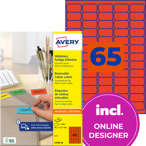 L4790-20 Etykieta kolorowa Avery Zweckform rozmiar 38,1 x 21,2 czerwone 1300 szt