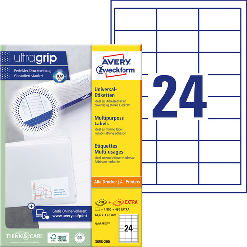 Etykiety QuickPeel Avery Zweckform 3658-200, rozmiar 64,6 x 33,8mm, 4800 etykiet