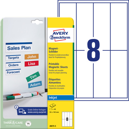 J8875-5 Etykiety magnetyczne InkJet Avery Zweckform, 50 x 140mm, 40 etykiet