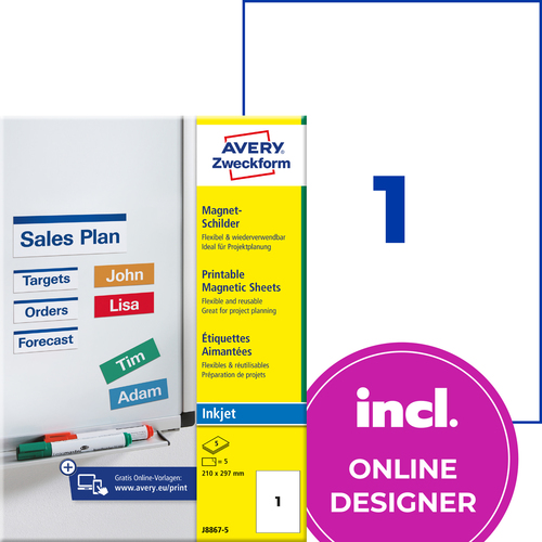 J8875-5 Etykiety magnetyczne InkJet Avery Zweckform, 50 x 140mm, 40 etykiet