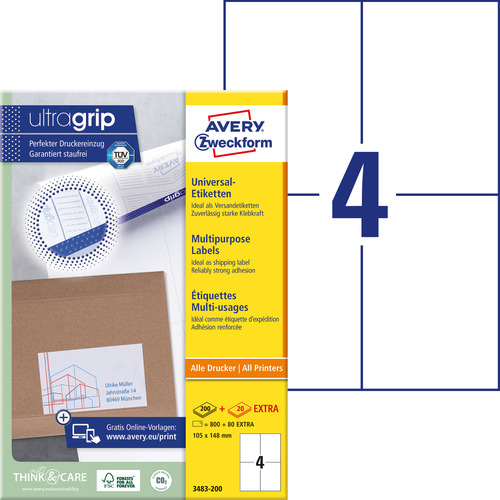 Etykiety uniwersalne Avery Zweckform 3483-200, rozmiar 105 x 148mm, 800 etykiet