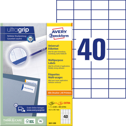 Etykiety uniwersalne Avery Zweckform 3651-200 rozmiar 52,5 x 29,7mm 8000 etykiet