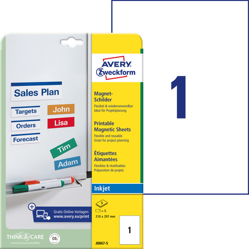 J8867-5 Etykiety magnetyczne InkJet Avery Zweckform, 210 x 297mm, 5 etykiet
