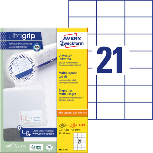 Etykiety uniwersalne Avery Zweckform 3652-200, rozmiar 70 x 42,3mm, 4200 etykiet