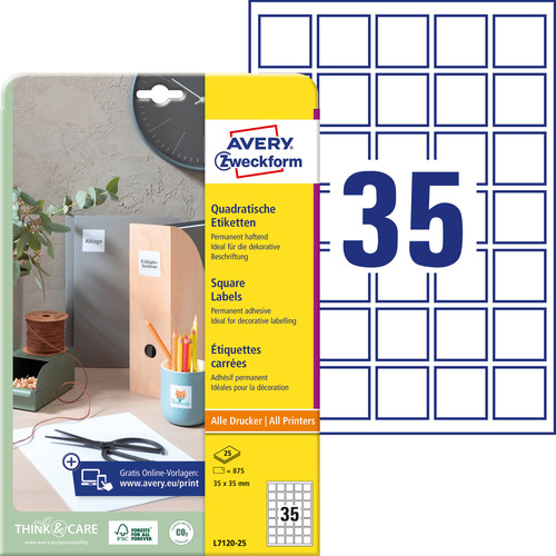 Kwadratowe etykiety Avery L7120 - 25 na kody QR 35 x 35 mm 875 etykiet