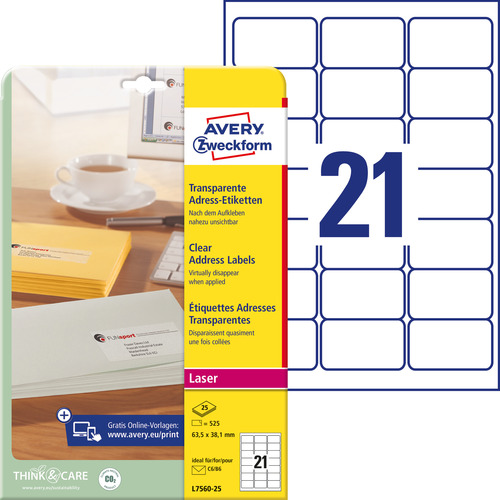 Etykieta adresowa L7560-25 Avery 63,5 x 38,1mm transparentna 525 etykiet