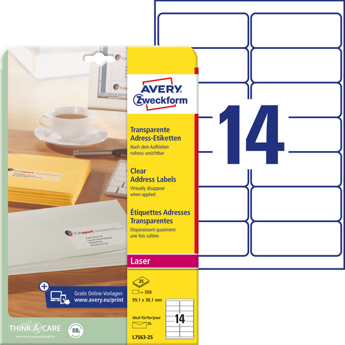 Etykieta adresowa L7563-25 Avery 99,1 x 38,1mm transparentna 350 etykiet