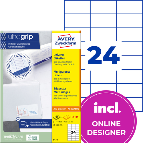 Etykiety uniwersalne Avery Zweckform 6173, rozmiar 70 x 37mm, 600 etykiet