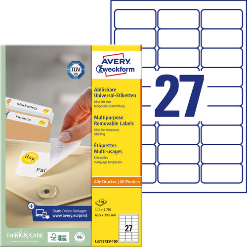 Etykiety papierowe usuwalne L4737REV-100 rozmiar 63,5 x 29,6mm, 2700 szt.