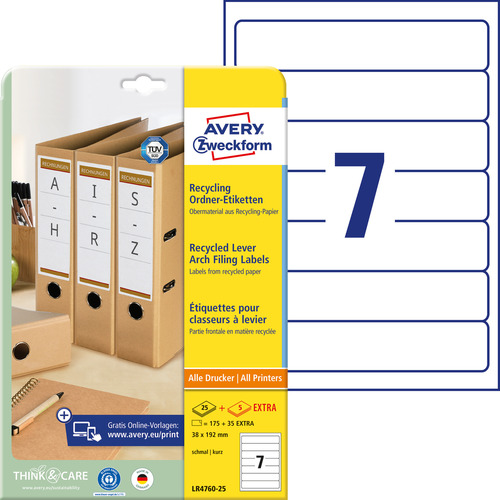 Etykiety recyklingowane na segregator Avery LR4760-25 roz.192x38mm białe wąskie